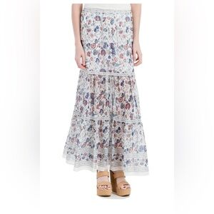 NEW Sophie‎ Max Studio 7B02C18 Ivory/Blue Floral Crepe Chiffon Maxi Tiered Skirt